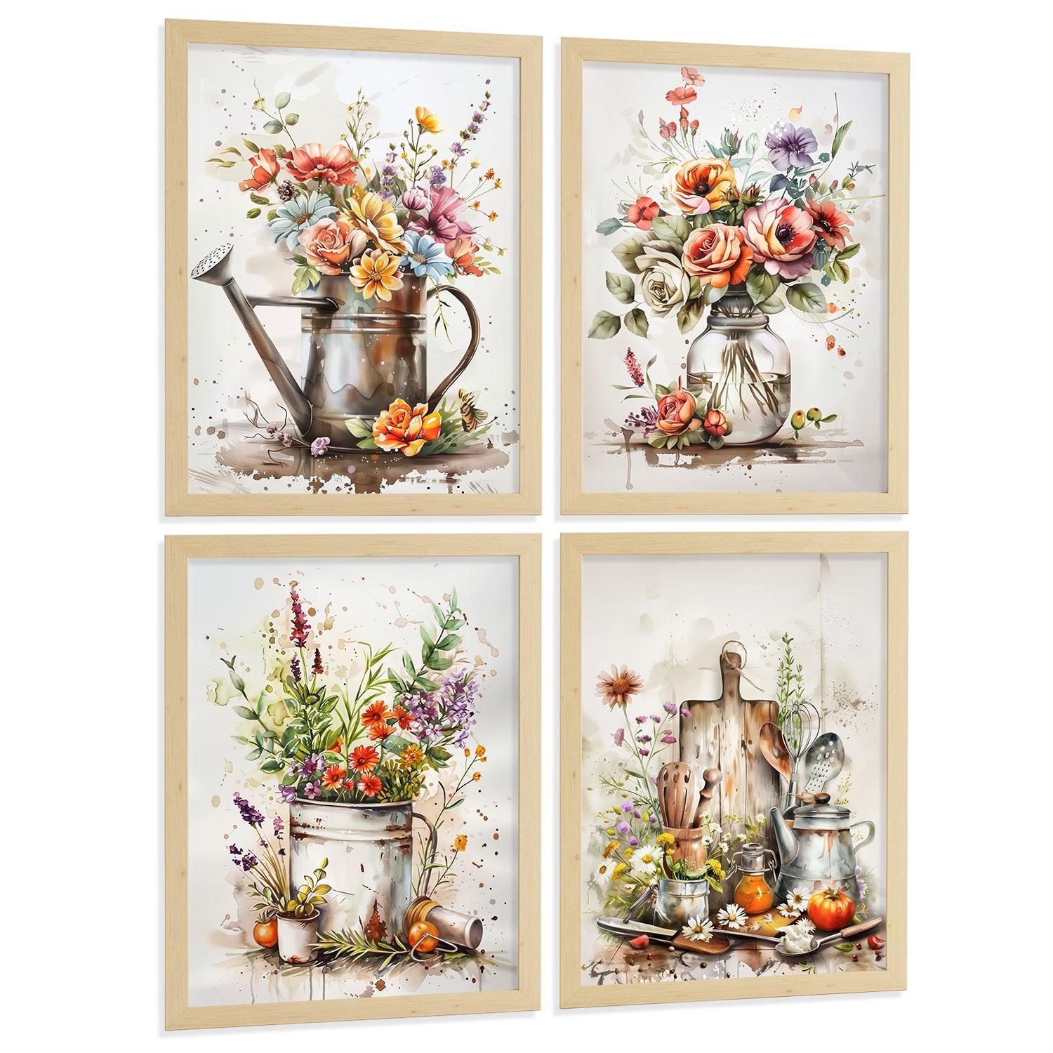 POSTER 4er Set Blumen Küchen-Wandbilder Gießkanne Vase Utensilien Botanisches Aquarell Wohnzimmer Deko Leichter Holzrahmen A4 - Beige, Papier (29.7/1/21cm) - Nacnic