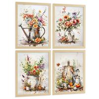POSTER 4er Set Blumen Küchen-Wandbilder Gießkanne Vase Utensilien Botanisches Aquarell Wohnzimmer Deko Leichter Holzrahmen A4 - Beige, Papier (29.7/1/21cm) - Nacnic