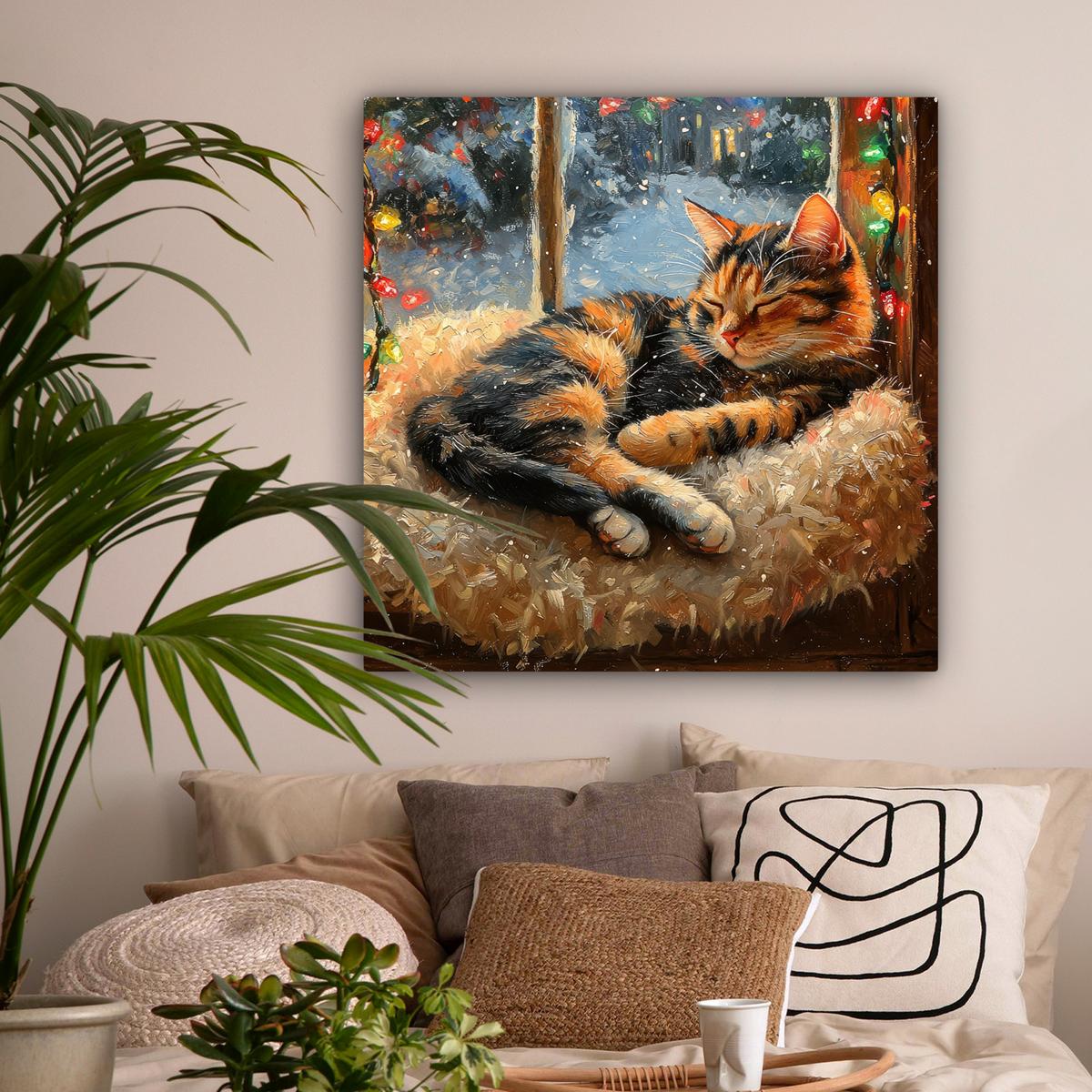LEINWANDBILD Katze - Weihnachten - Winter - Tier Deko Groß 90x90 cm - Bernsteinfarben, Textil (90/90cm) - MuchoWow