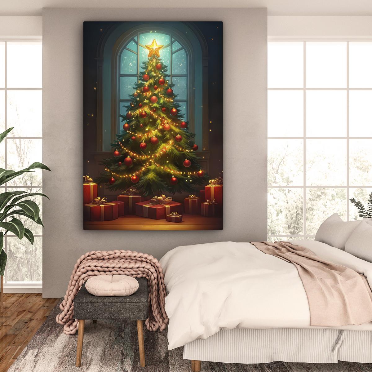 LEINWANDBILD Weihnachtsbaum - Geschenk - Winter Deko Groß 90x140 cm - Grün, Textil (90/140cm) - MuchoWow