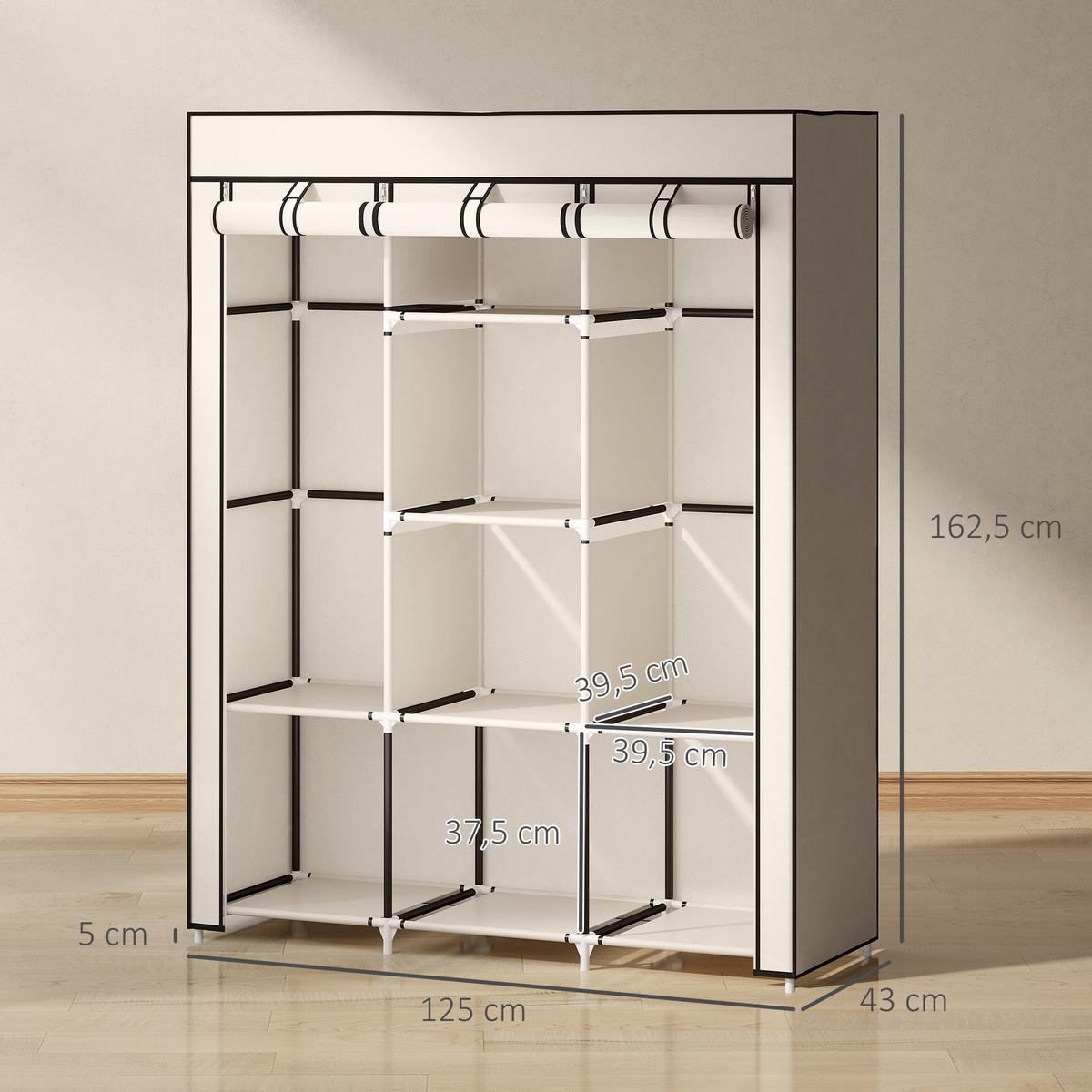 STOFFSCHRANK, Faltschrank, Kleiderschrank mit Kleiderstangen, 8 Ebenen Cremeweiß - Weiß, Metall (43/162.5/125cm) - HOMCOM