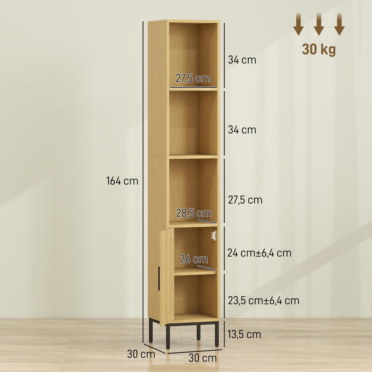 BADEZIMMERSCHRANK Spanplatte Stahl Naturholz - Schwarz/Naturfarben, Holzwerkstoff/Kunststoff (30/164/30cm) - HOMCOM