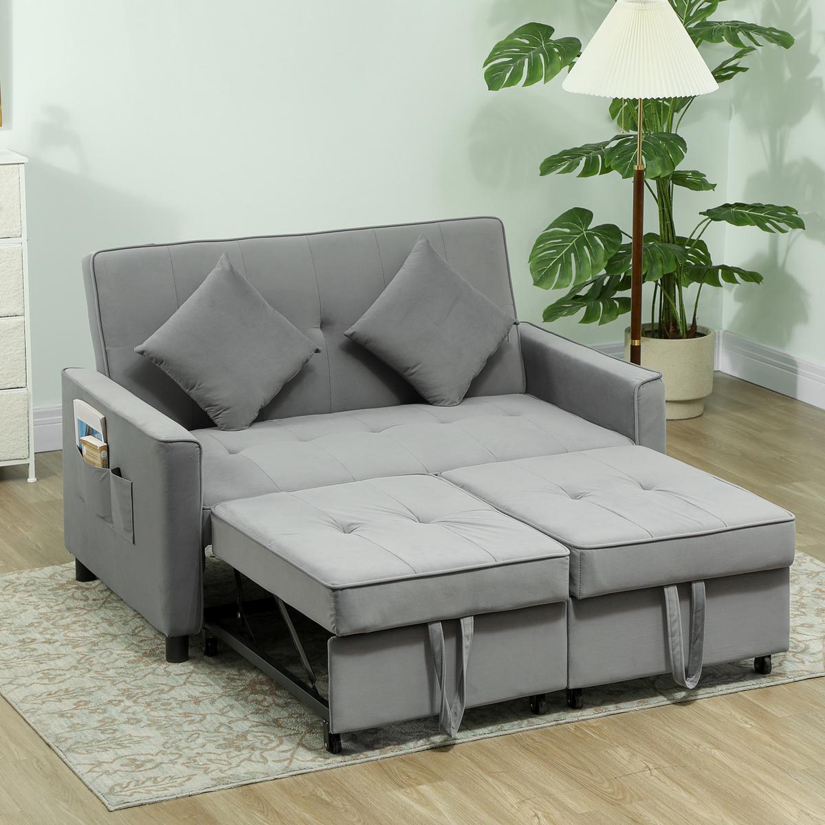 SCHLAFSOFA, 2-Sitzer Sofa mit Schlaffunktion, Verstellbare Rückenlehne, Rollen - Grau, Metall (90.5/89/140.5cm) - HOMCOM