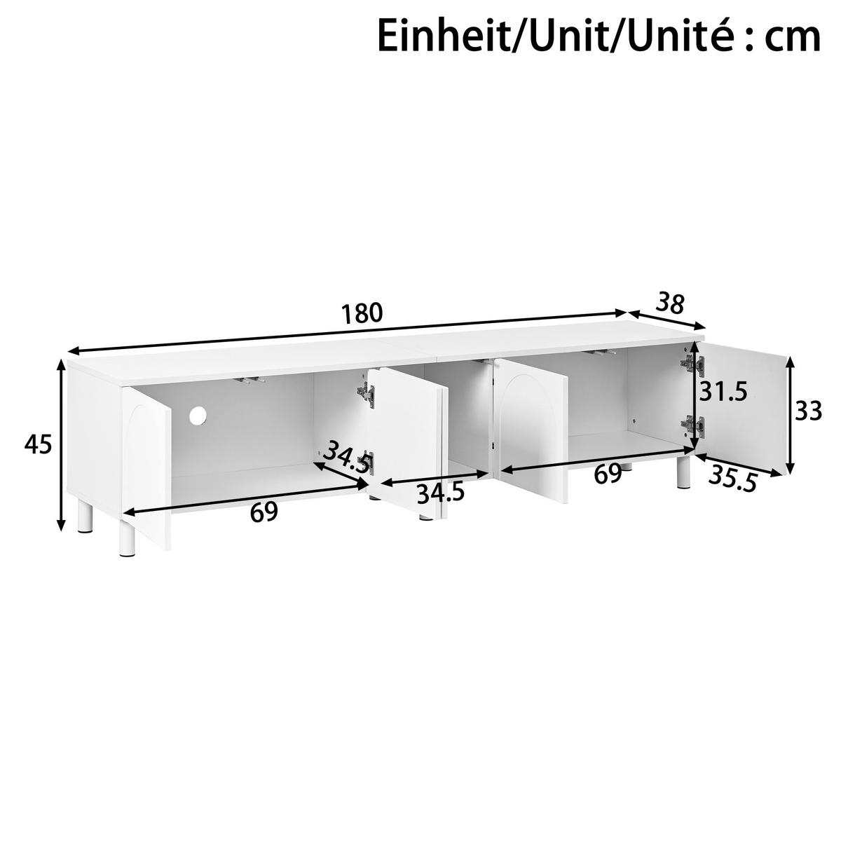 TV-LOWBOARD Weiß 180cm mit 5 Türen Bogen-Design & Metallfüßen - Weiß, Holzwerkstoff (180/45/38cm) - Urban Meuble
