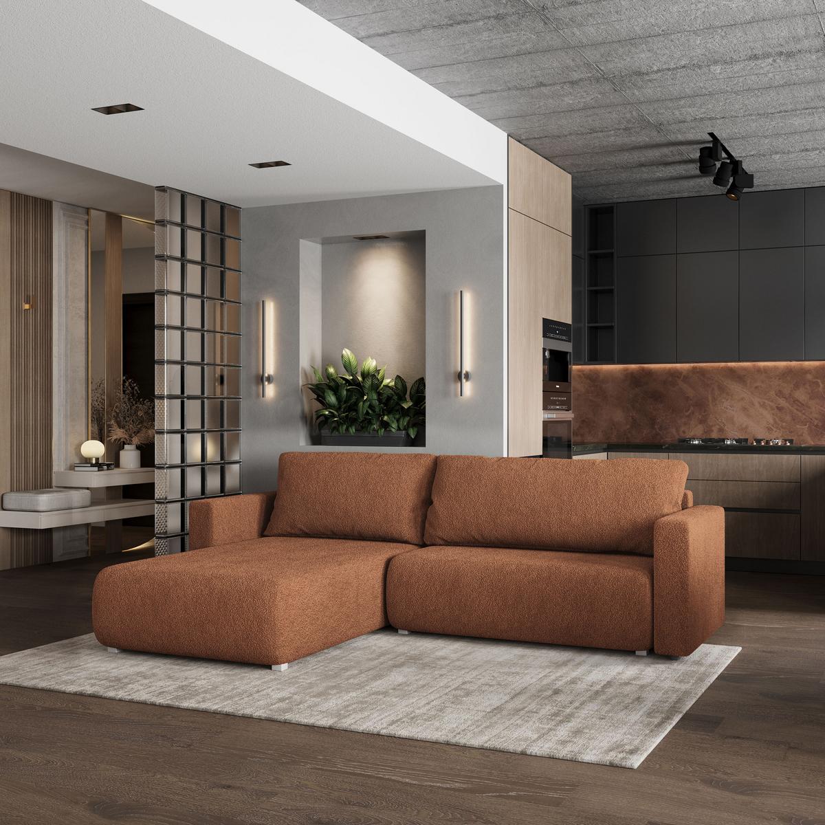 ECKSOFA TURIN N Orange Bucle-Stoff mit Schlaffunktion - Orange/Grau, Holz/Kunststoff (265/183cm) - MASSENO