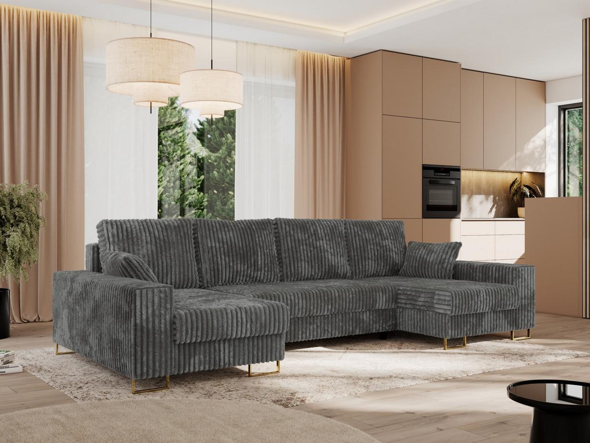 WOHNLANDSCHAFT DORIAN U Cord Dunkelgrau - Dunkelgrau/Goldfarben, Textil/Metall (312/85/138cm) - MKS