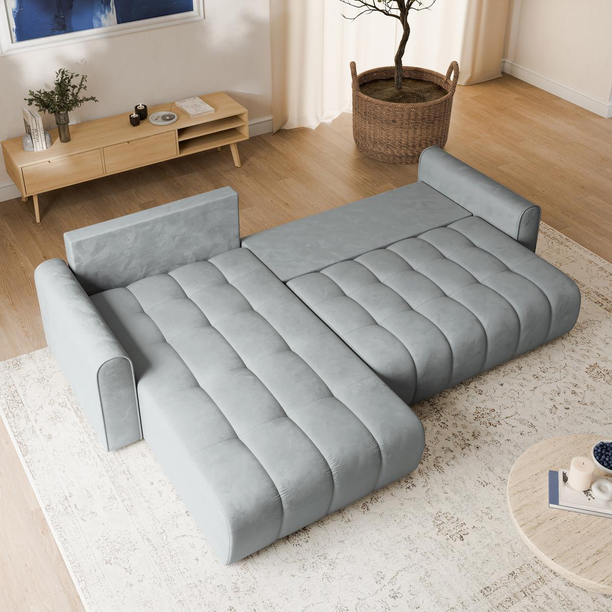 ECKSOFA FRIGA Hellgrau Velours-Stoff mit Schlaffunktion - Hellgrau, Holz (283/185cm) - MASSENO