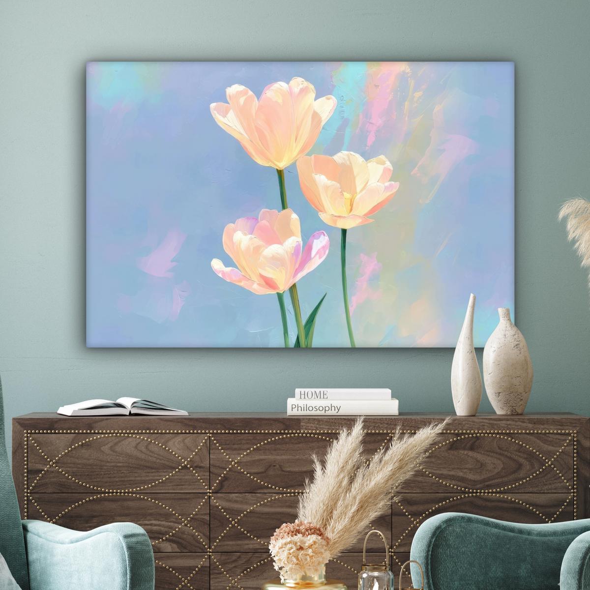 LEINWANDBILD Tulpen - Rosa Akzente - Blau Groß 140x90 cm - Pastellblau, Textil (140/90cm) - MuchoWow