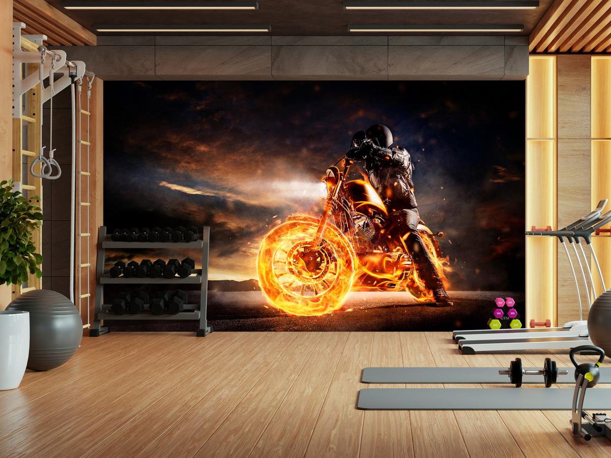 FOTOTAPETE für Jugendzimmer Mann Brennenden Motorrad Sport Nacht 150x105 - Schwarz/Orange, Papier (150/105cm) - Muralo