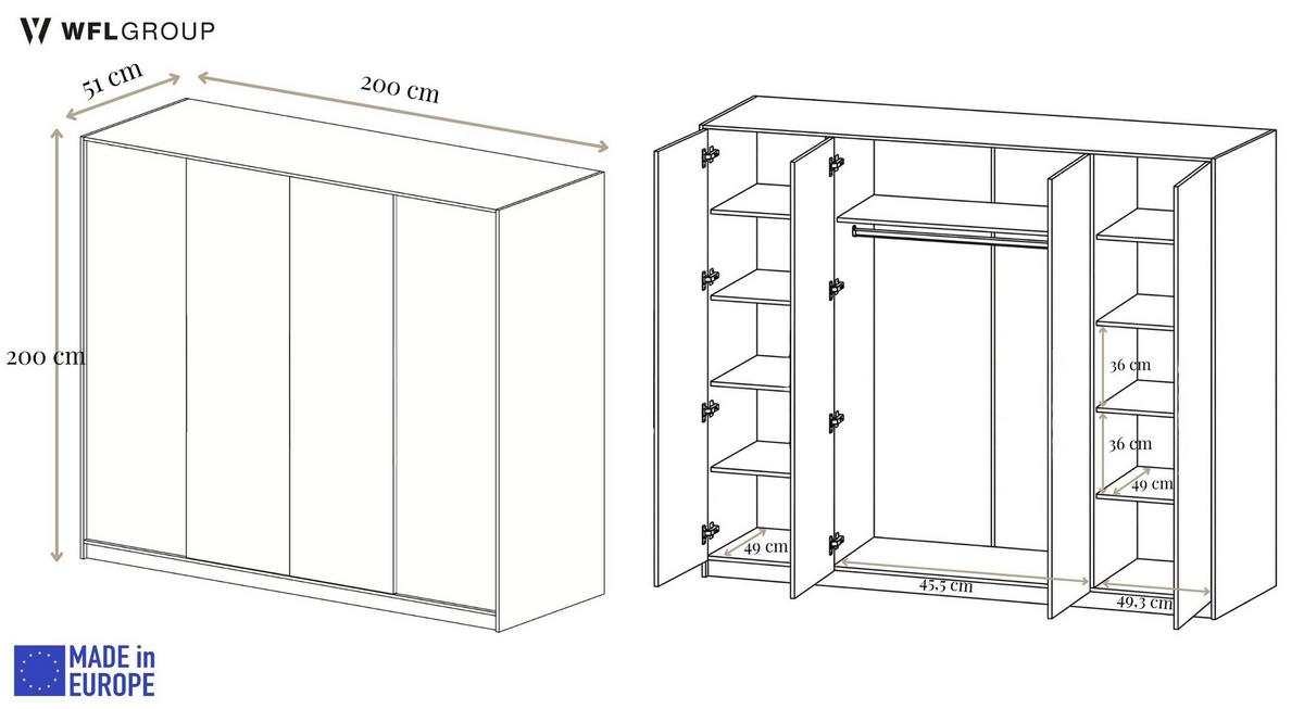 KLEIDERSCHRANK Mono Grifflos im Skandi-Stil, Weiß 200/200/51 cm - Weiß, Holzwerkstoff (200/200/51cm) - WFL GROUP