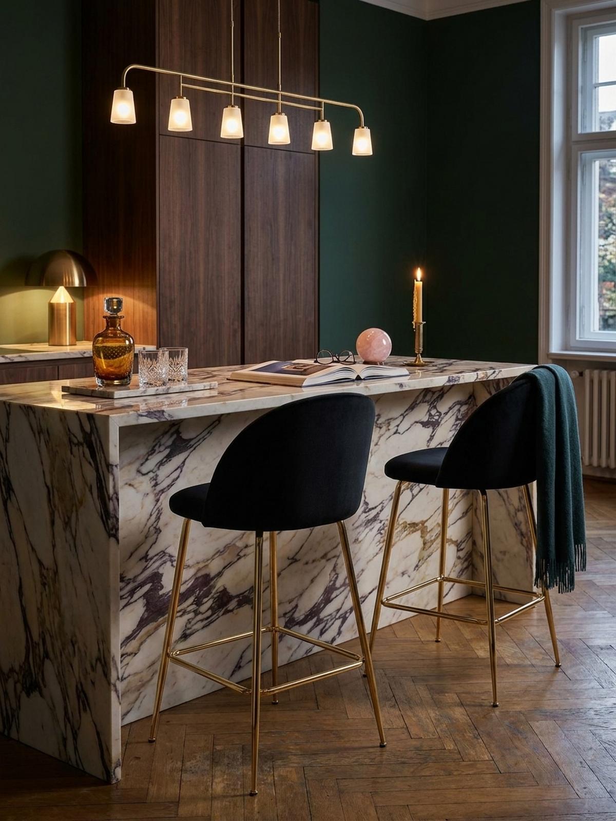 BARHOCKER 2er Set Samt Lehne Goldgestell Skandi-Stil Gepolstert, Schwarz 50x50x102 cm - Goldfarben/Schwarz, Textil/Metall (50/102/50cm) - KADIMA DESIGN