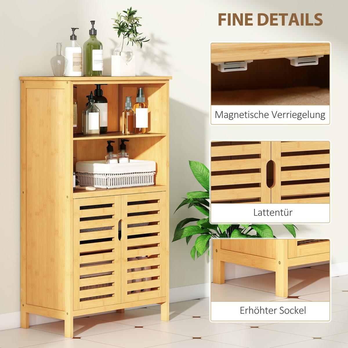 BADEZIMMERSCHRANK, Unterschrank aus Bambus, Badschrank mit Türen, Naturholz - Naturfarben, Holz/Bambusholz (29/92/50cm) - Kleankin