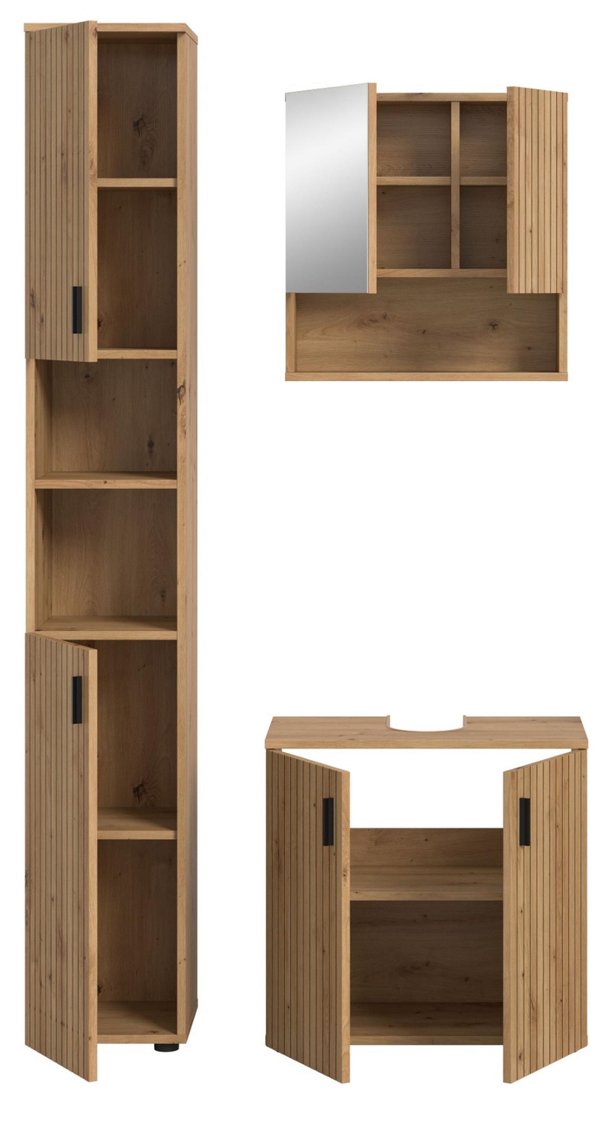 BADMÖBEL-SET Eiche Artisan 3-teilig 105 cm, Badkombination mit Rillen-Optik - Schwarz/Eiche Artisan, Glas/Holzwerkstoff (105/192/30cm) - Inn.Furn