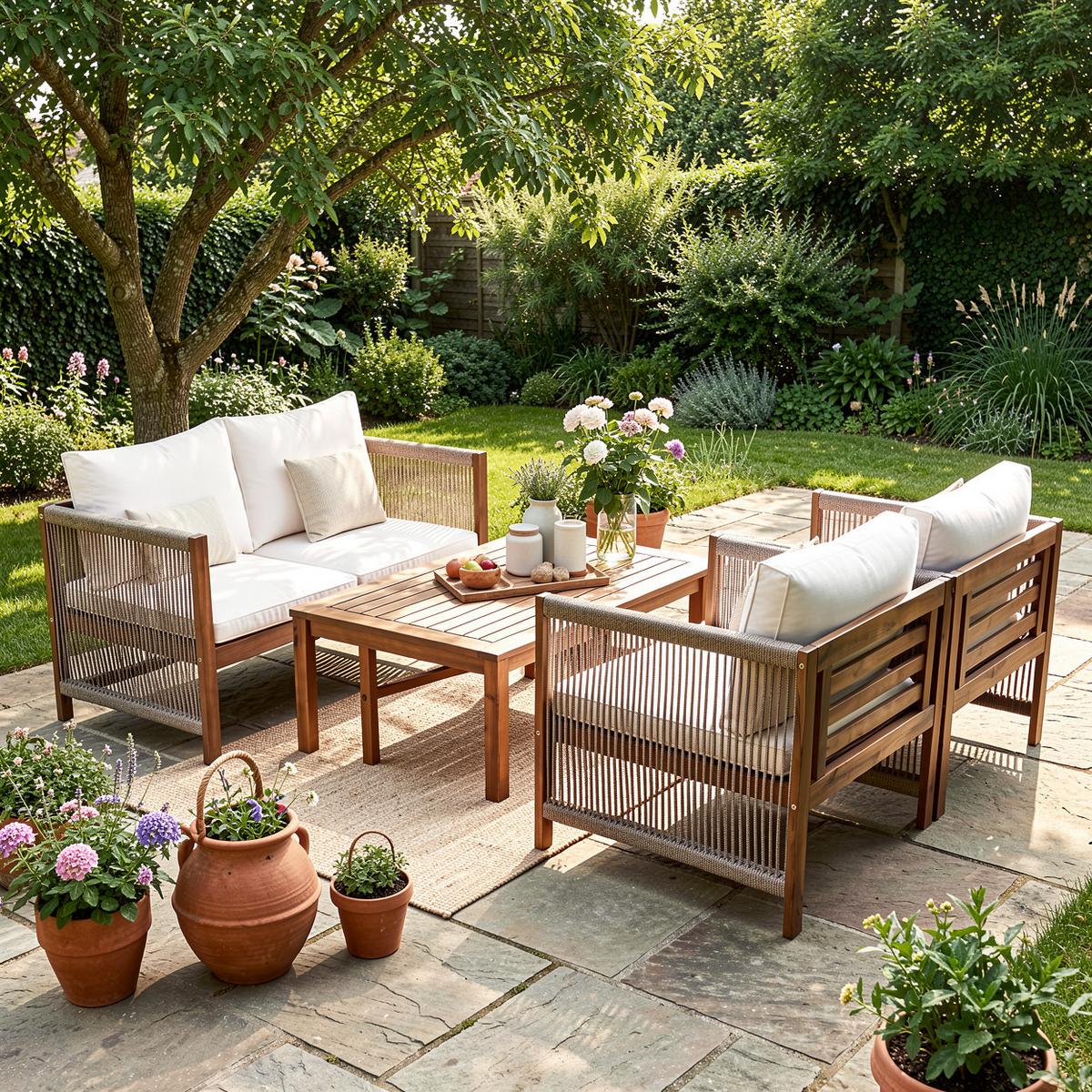 LOUNGEGARNITUR 4-tlg. Akazie & Seil Beige Gartensofa mit Tisch, 2 Sesseln & Kissen - Beige, Textil - Urban Meuble