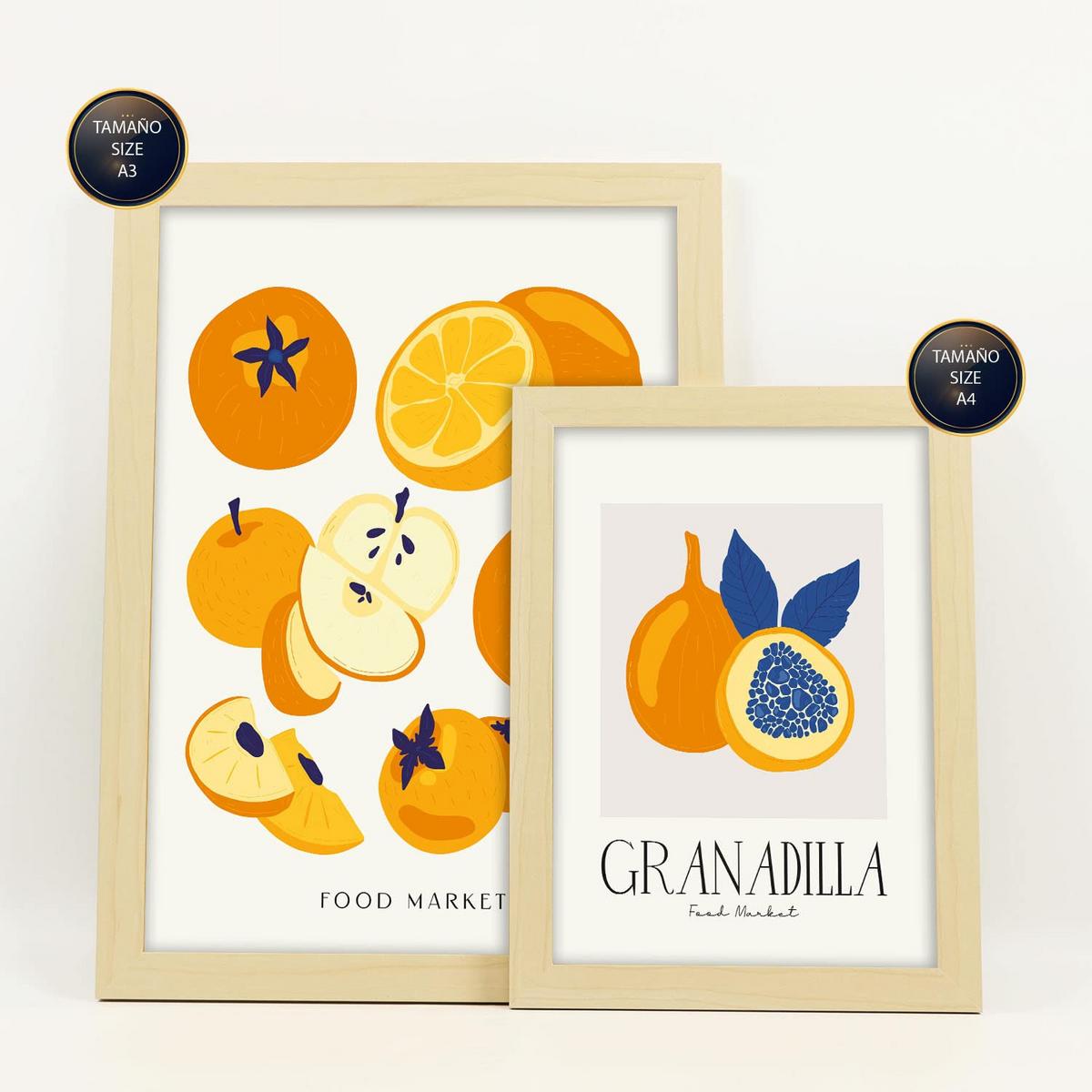 POSTER Set Mit 6 Lebensmittel Und Ernährungs Runde Früchte Natur Und Botanikdrucke Für Innenarchitektur A3 & A4 Rahmen Aus Hellem Holz - Beige, Papier (29/3cm) - Nacnic