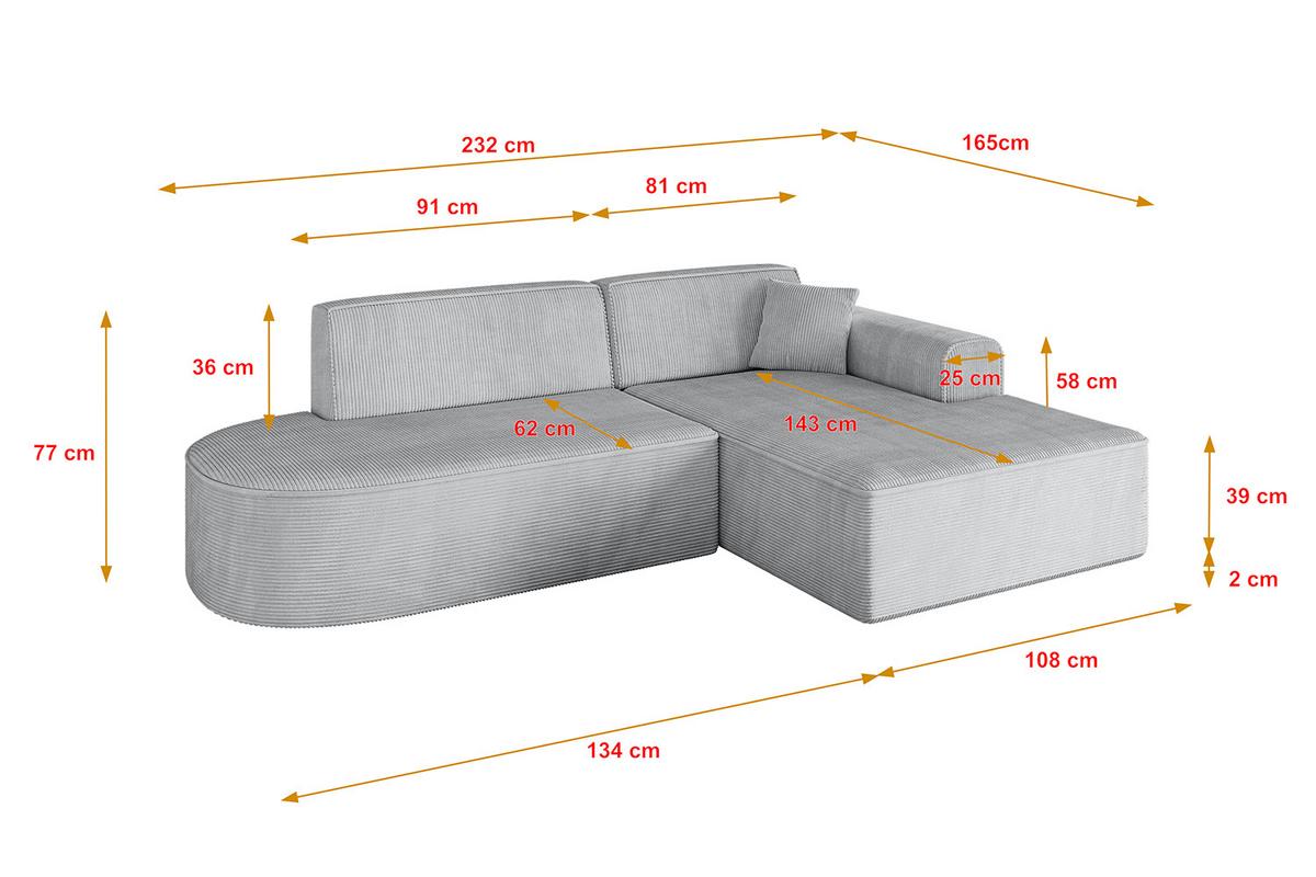 ECKSOFA Ottomane Rechts IREA-L1-v3 - 232x165x77 cm Grau - Grau, Holzwerkstoff/Textil (232/165cm) - ALTDECOR
