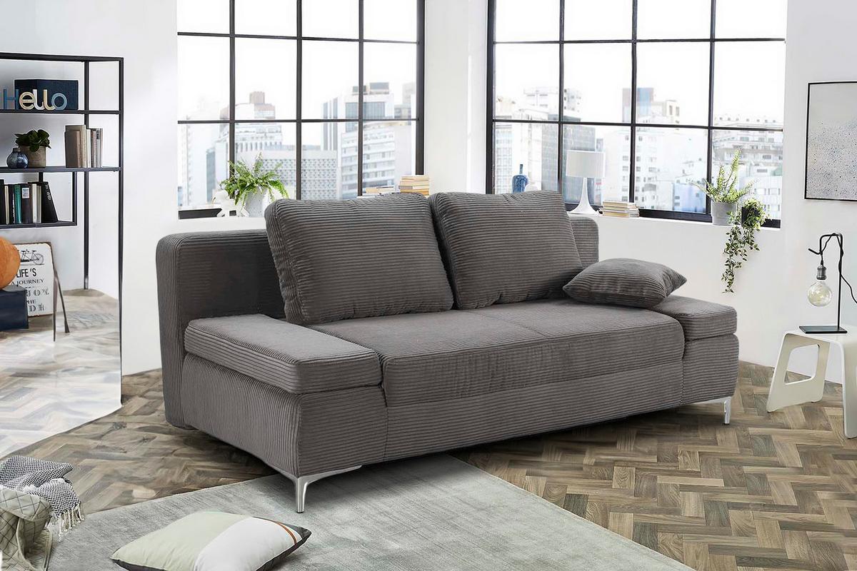 SCHLAFSOFA mit Bettkasten, Federkern, Armlehnen verstellbar B202/T103/H89 cm, Liegefläche 144x198 cm, Cord Dunkelgrau / 15204 - Chromfarben/Dunkelgrau, Textil/Metall (202/89/103cm) - luma-home