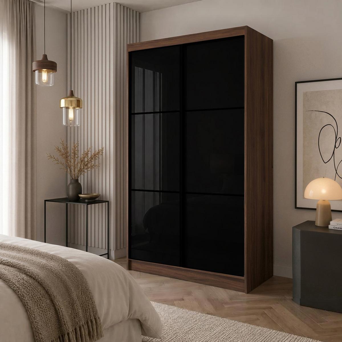 SCHWEBETÜRENSCHRANK Viva II mit Schubladen und Spiegel, mit Lacobel-Glas, 120/216/61 Walnuss - Walnussfarben, Holzwerkstoff (120/216/61cm) - Beautysofa