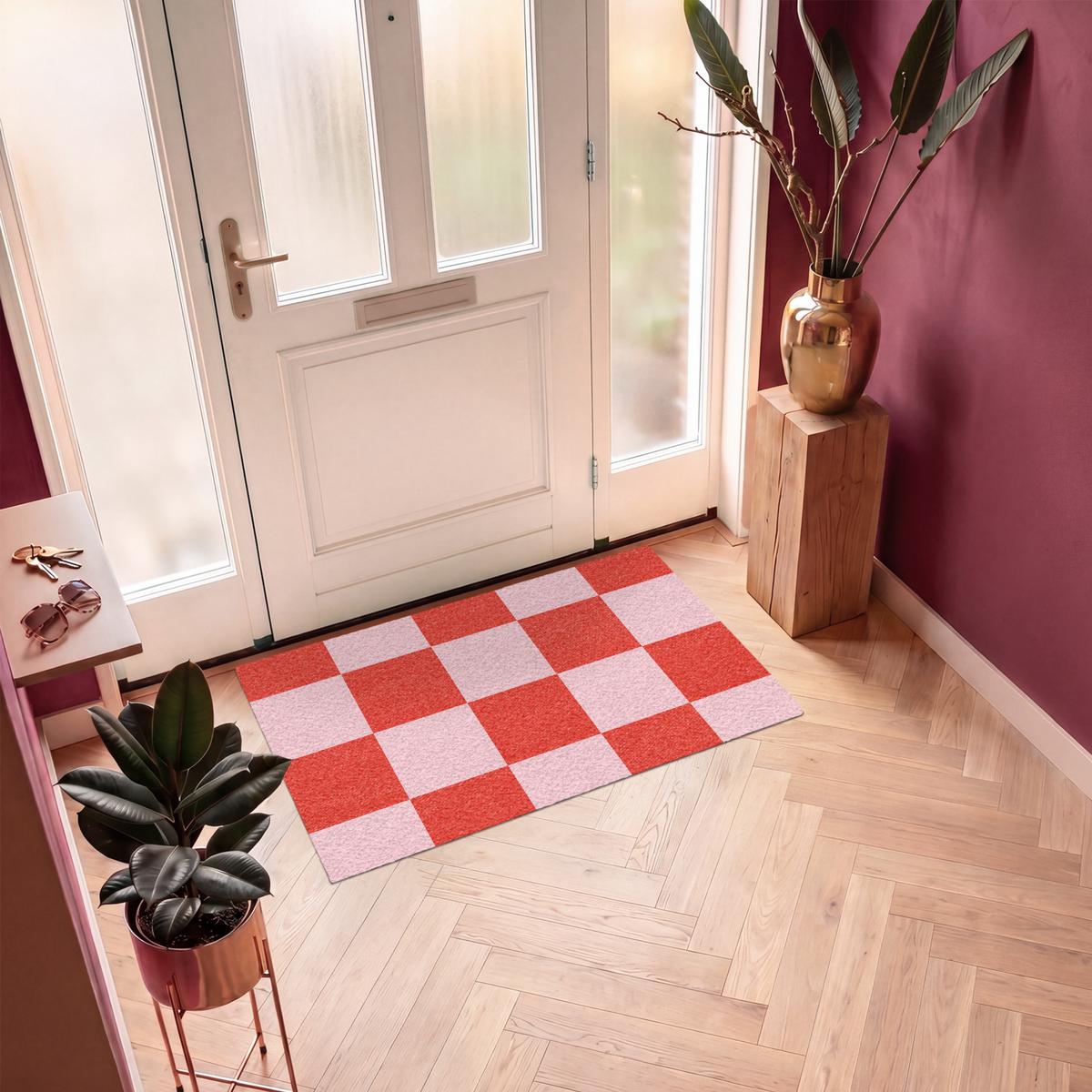 FUSSMATTE Schachbrettmuster - Rot - Rosa - Würfel Türmatte 120x80 cm - Rot, Kunststoff (120/0.4cm) - MuchoWow