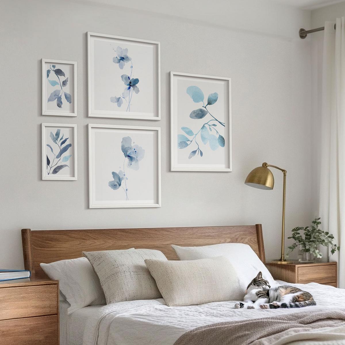 BILDER SET 5er Set - 50x50 cm & 20x30 cm & 40x60 cm Weißer Rahmen - Aquarell von blauen Blättern - Weiß, Kunststoff (40/60cm) - TULUP