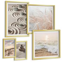 BILDER SET 5er Set - 50x50 cm & 20x30 cm & 40x60 cm Goldrahmen - Blumen im Wasser des Buddha-Wasserfalls - Goldfarben, Kunststoff (40/60cm) - TULUP