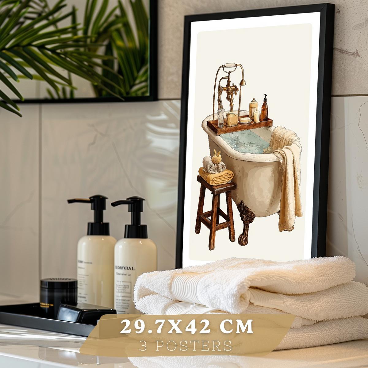POSTER 3er-Set dekorative Badezimmer-Wandbilder und, Vintage-Stil für Waschbecken, Dusche, WC mit Badewanne, Blumen und Spiegel Schwarzer Rahmen A3 - Schwarz, Papier (42/29.7/3cm) - Nacnic
