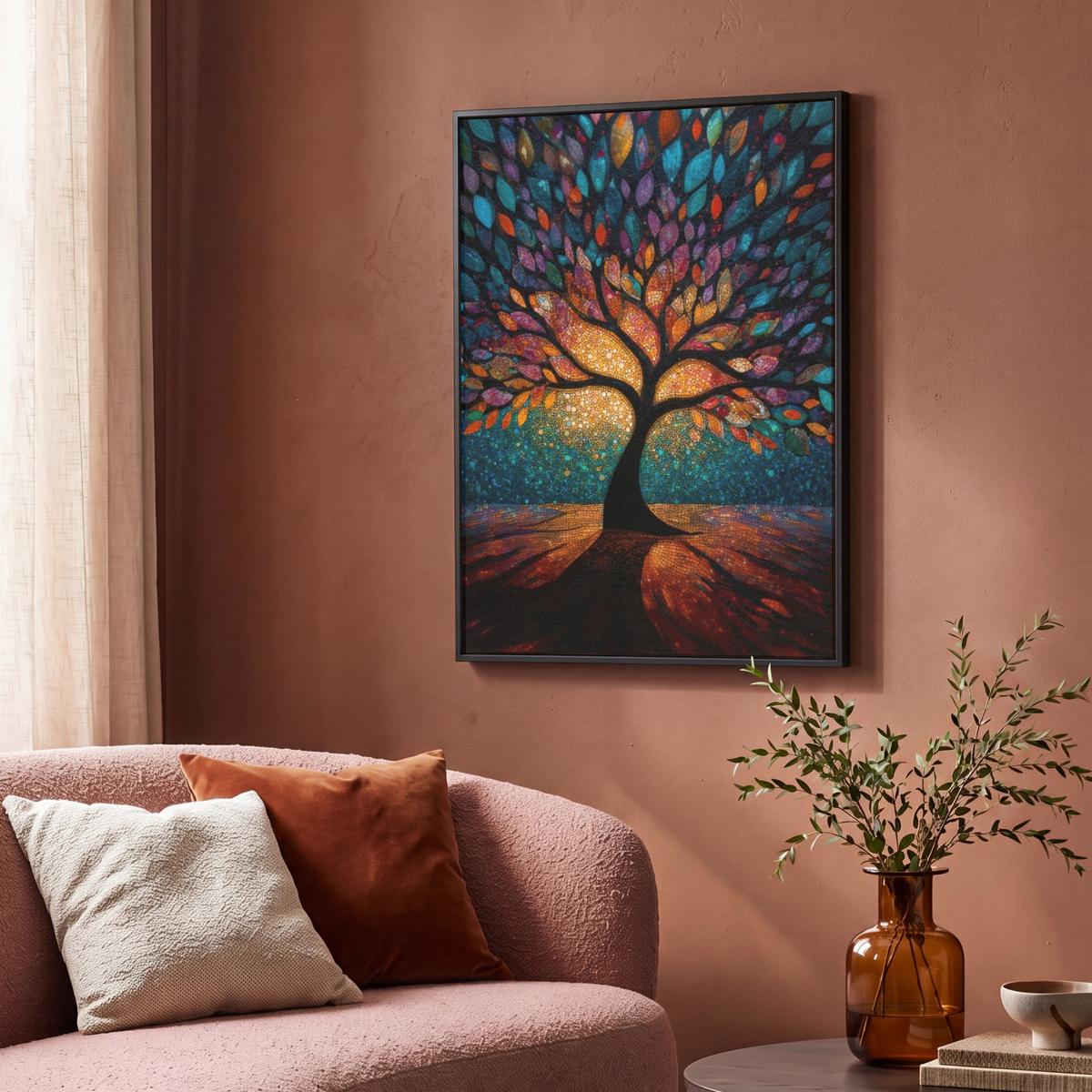 LEINWAND Bilder mit Rahmen - Mosaik - Bunt - Baum - Äste - 70x100 - Multicolor, Textil (70/100cm) - MuchoWow