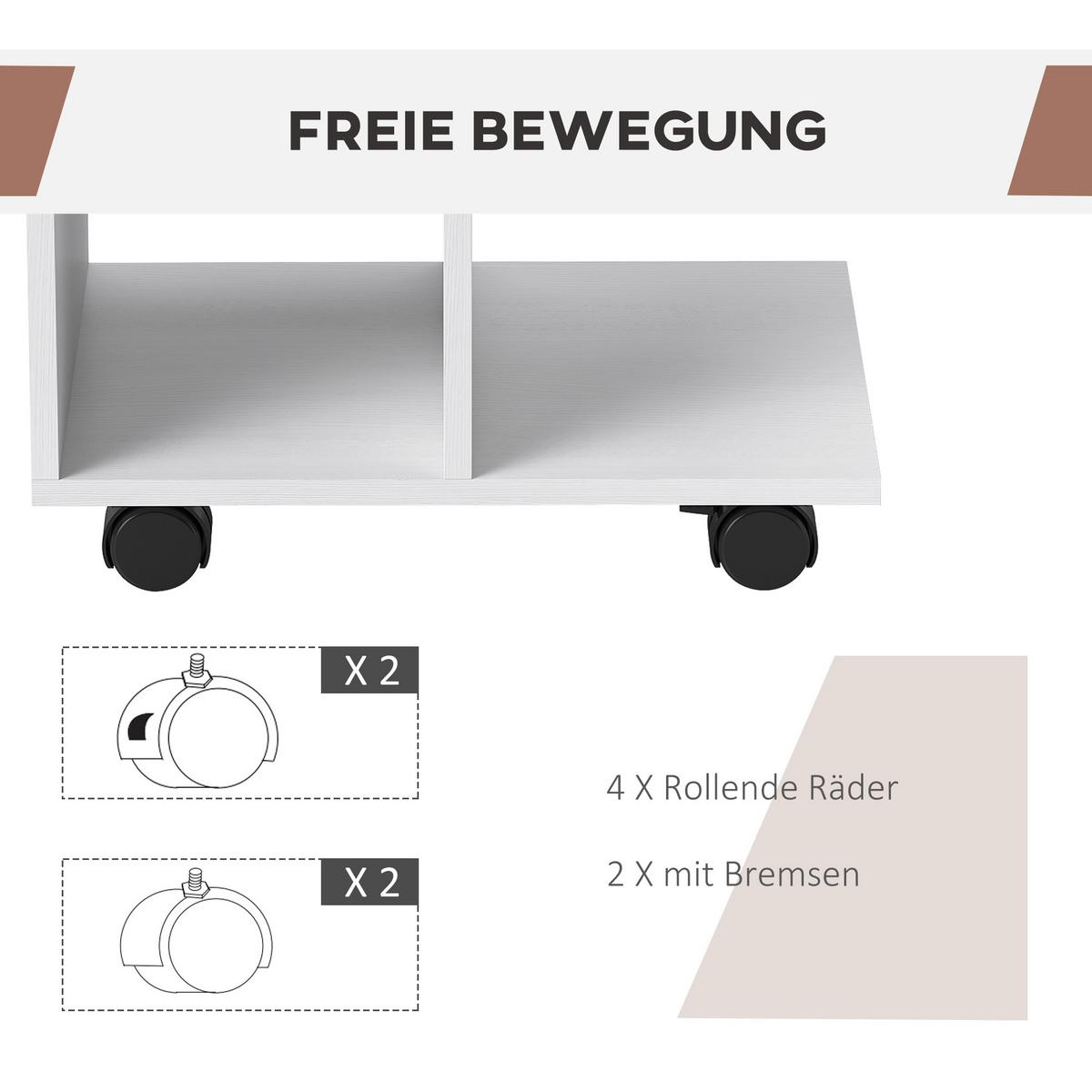 BEISTELLTISCH in C-Form, Couchtisch mit Rollen, 45 x 35 x 58 cm, Weiß - Weiß, Holzwerkstoff (45/35/58cm) - HOMCOM