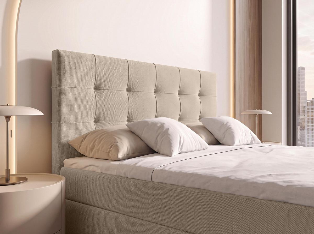 BOXBETT DEFNE 140x200 cm mit Fußteil und Matratze - Creme + TOPPER - Creme/Schwarz, Holz/Holzwerkstoff (140/200cm) - AX Living