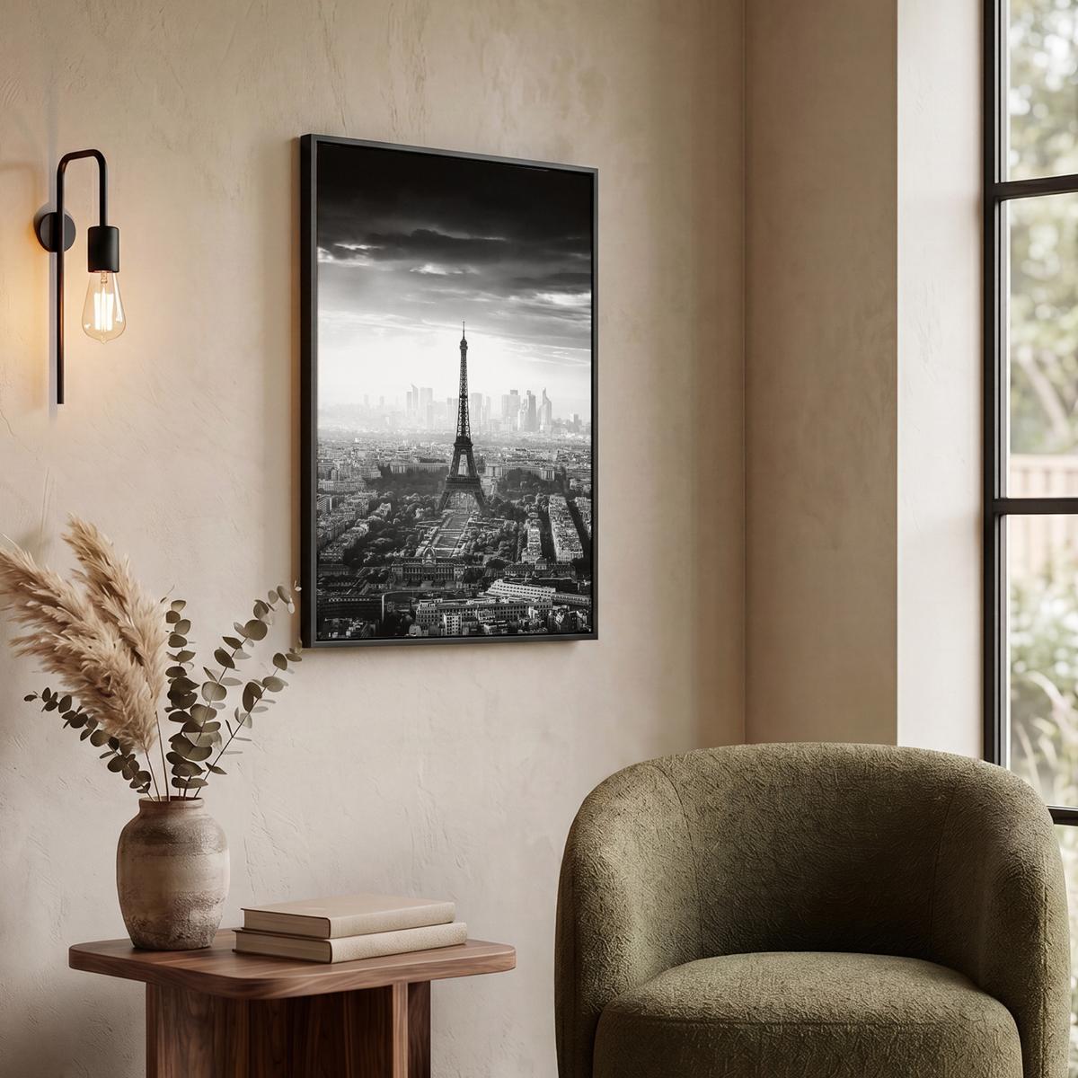 LEINWAND Bilder mit Rahmen - Paris - Skyline - Eiffelturm - Stadt - Wolken - 60x80 - Dunkelgrau, Textil (60/80cm) - MuchoWow