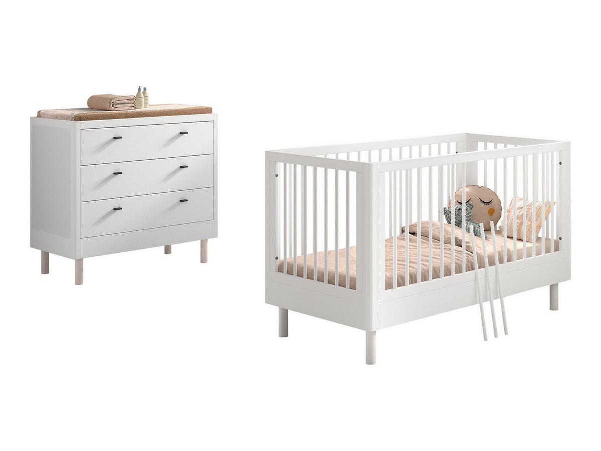 BABYBETT SET 70x140 Keeley Buche Weiß Holz Kommode Komfort Stabil - Weiß, Holz (74/88/144cm) - 58aufmkessel