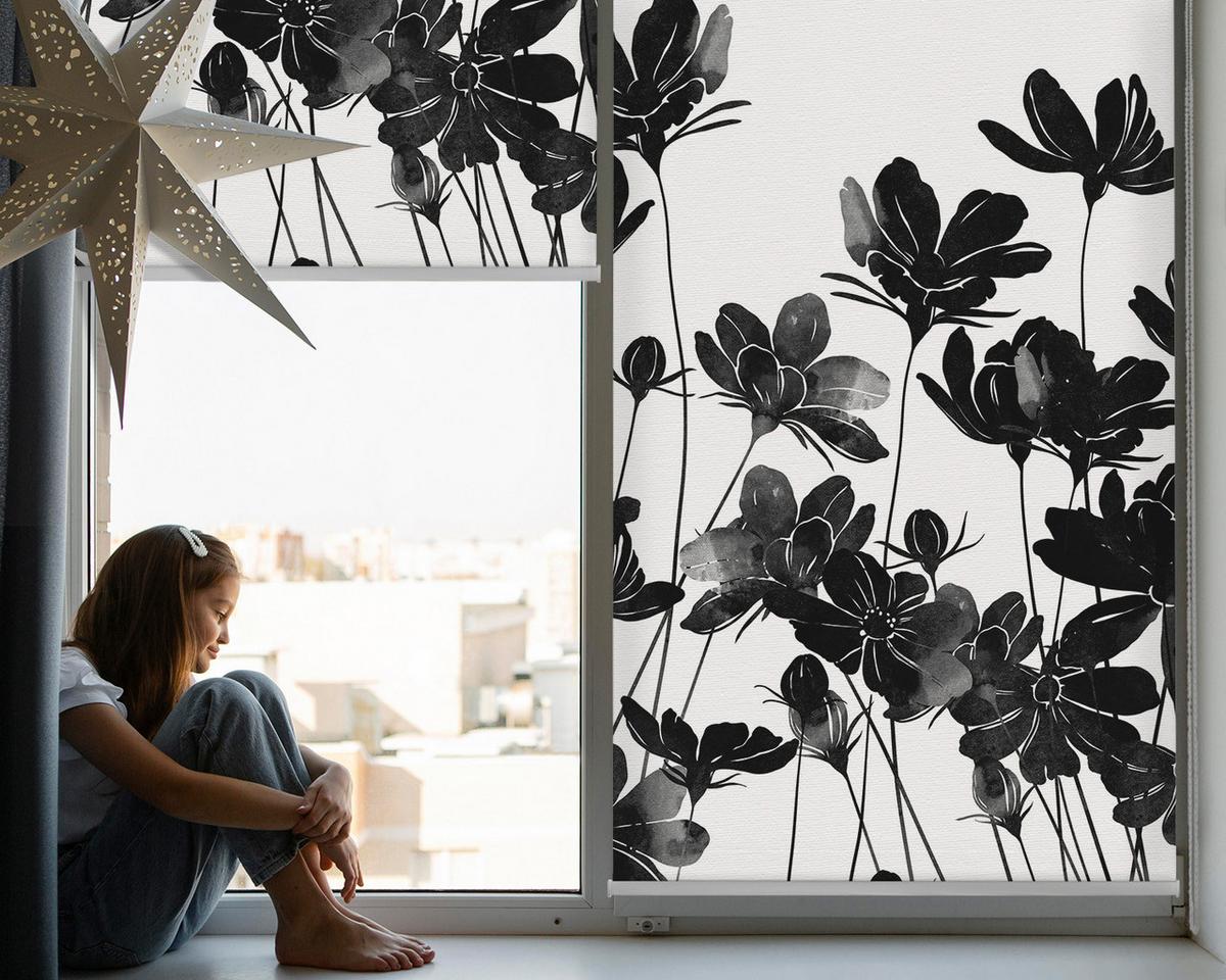 INNENROLLO - Fensterrollo - Rollo - 100x100 cm - Schwarze Blüten - Schwarz, Kunststoff (100/100/0.5cm) - TULUP