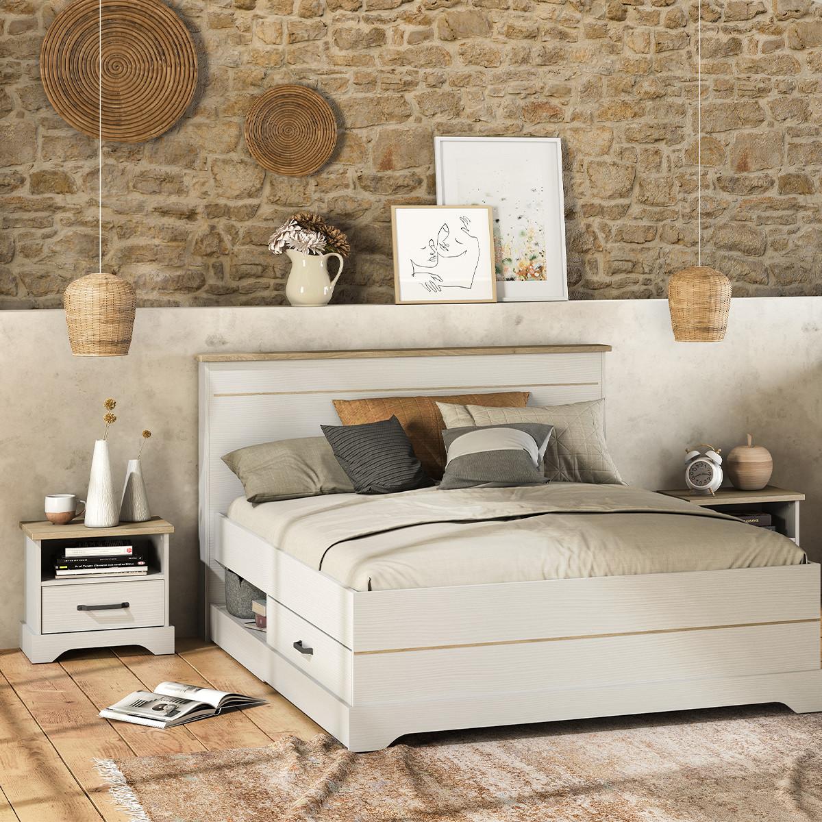 BETT mit 2 Schubladen und 2 Nischen 140x190 cm weiß Cottage - Weiß, Holzwerkstoff (190/140cm) - Calicosy