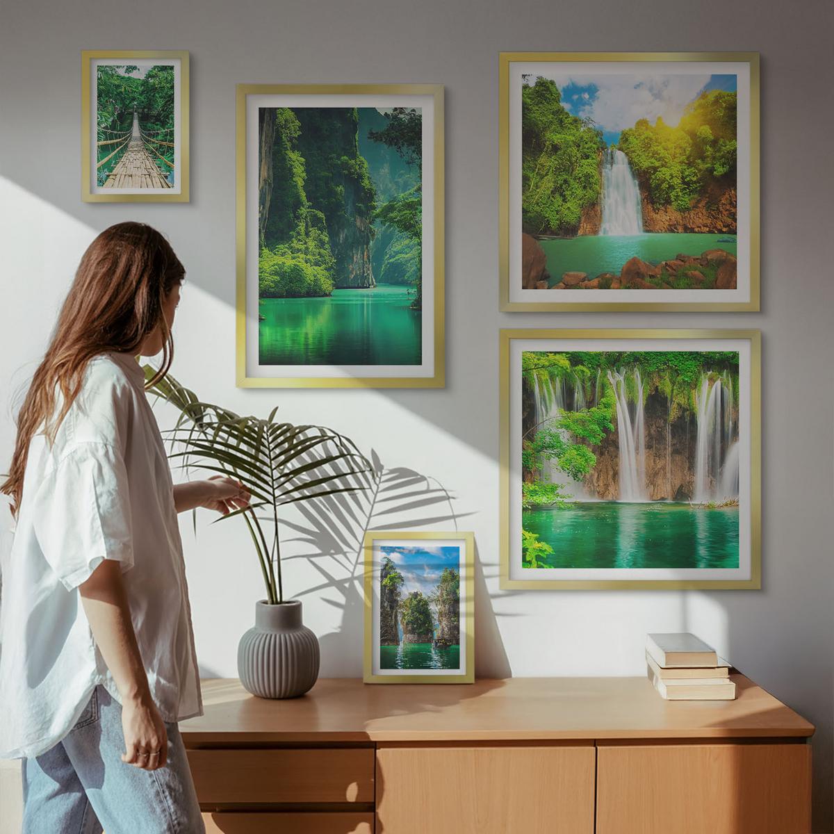 BILDER SET 5er Set - 50x50 cm & 20x30 cm & 40x60 cm Goldrahmen - See, Berge, Boote, Ferienhaus - Goldfarben, Kunststoff (40/60cm) - TULUP