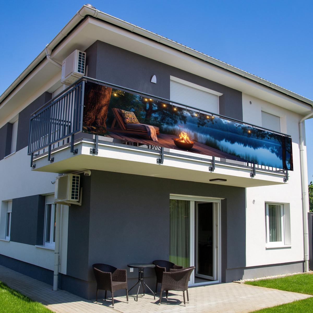 BALKON-SICHTSCHUTZ Lagerfeuer - See - Abendlicht Deko XXL 500x100 cm - Dunkelblau, Kunststoff (500/100cm) - MuchoWow