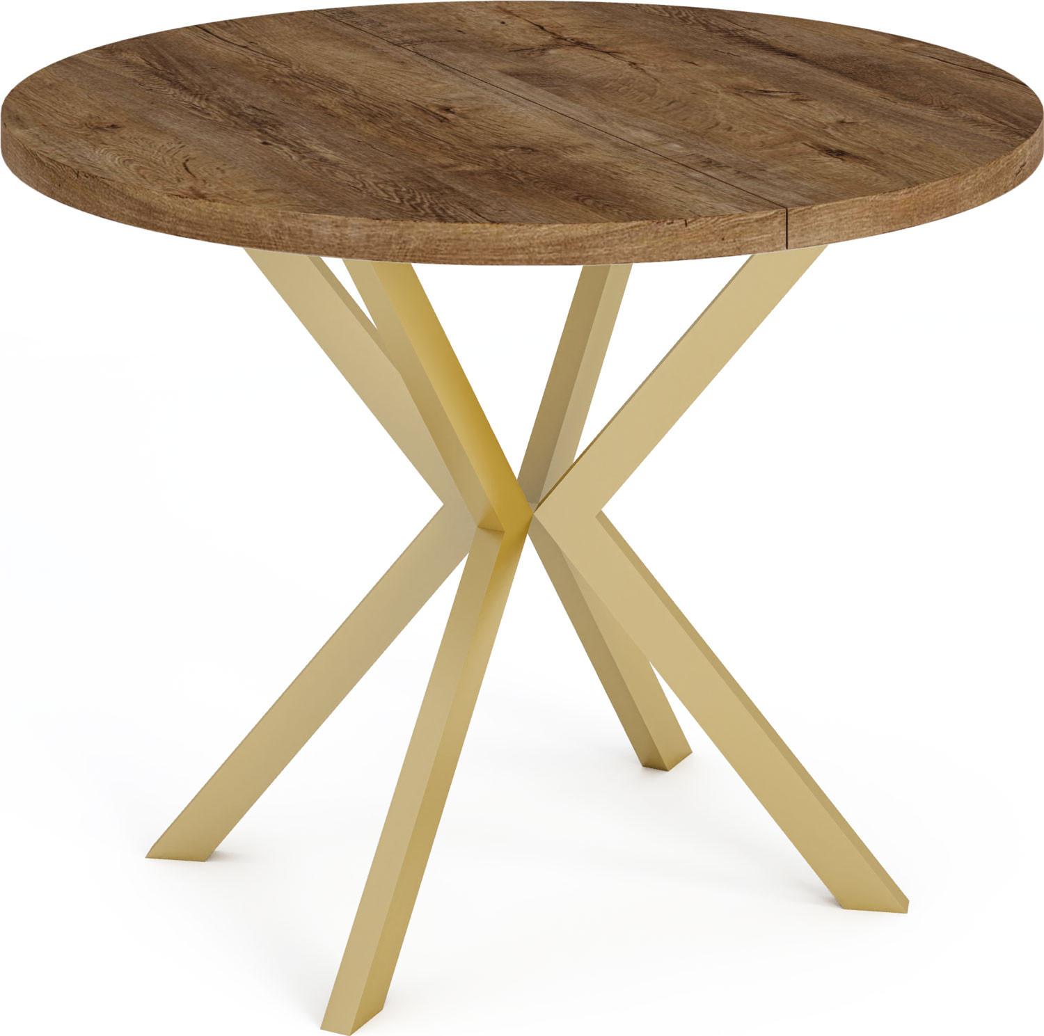 ESSTISCH Flora runder ausziehbarer, Lefkas Eiche 100-180/100/76 cm - Alteiche/Goldfarben, Holzwerkstoff/Metall (100/180/76cm) - WFL GROUP