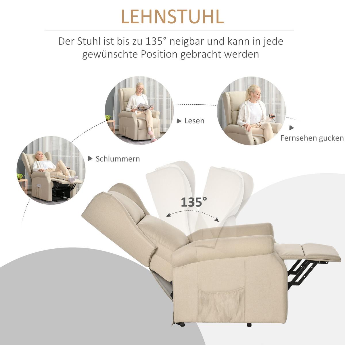 FERNSEHSESSEL mit Aufstehhilfe Leinen Cremeweiß - Creme/Schwarz, Holz/Textil (94/111/74cm) - HOMCOM