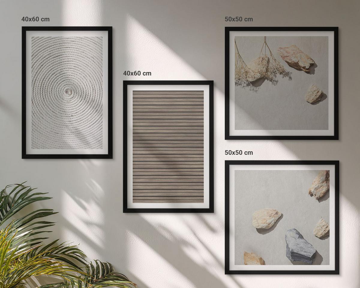 BILDER SET 4er Set - 50x50 cm & 40x60 cm Schwarzer Rahmen - Natürliche Texturen Holz Steine - Schwarz, Kunststoff (50/50cm) - TULUP