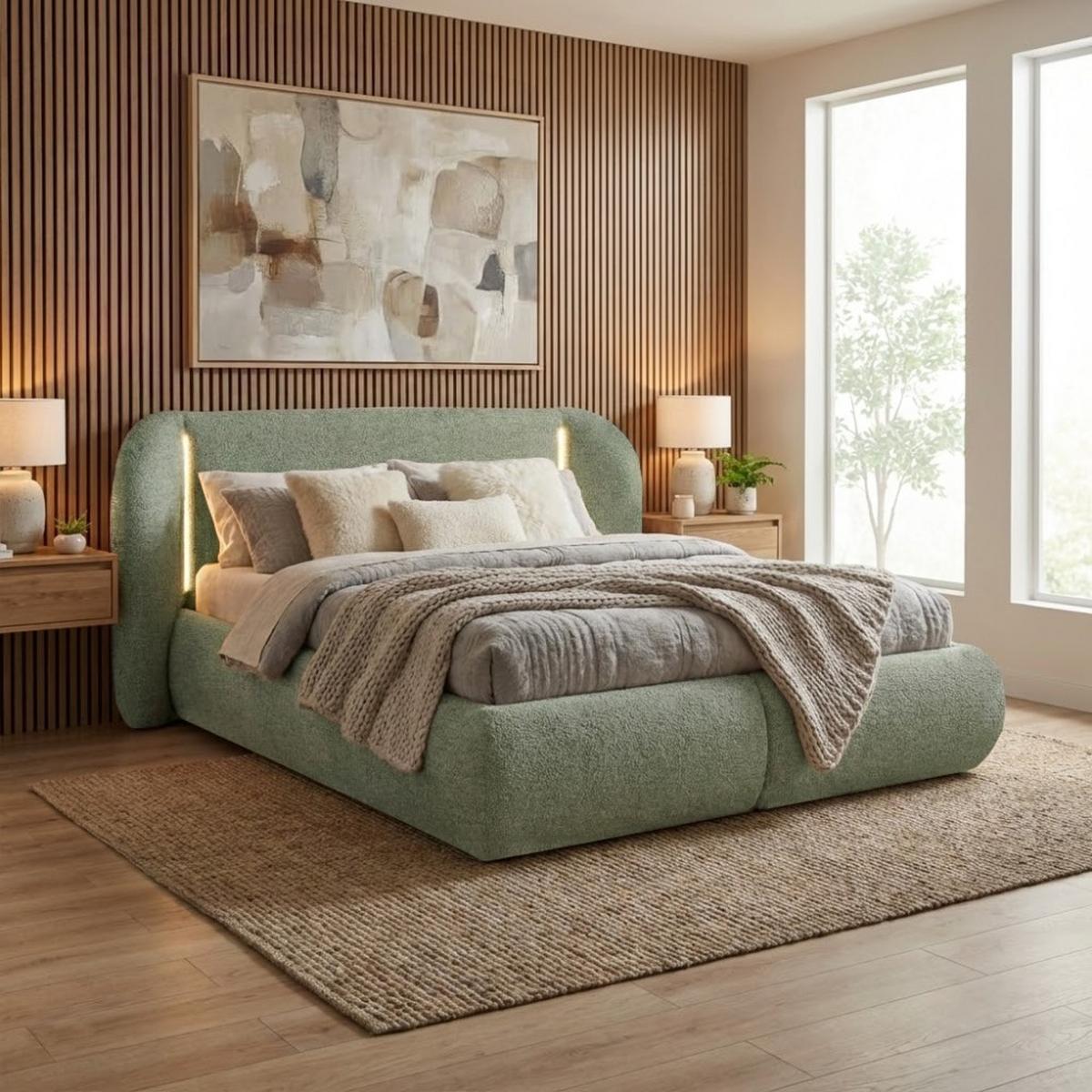 POLSTERBETT Corfu mit LED-Beleuchtung, mit Bettkasten, rundliche Formen, 140x200, Grün - Grün, Textil/Metall (140/200cm) - Beautysofa