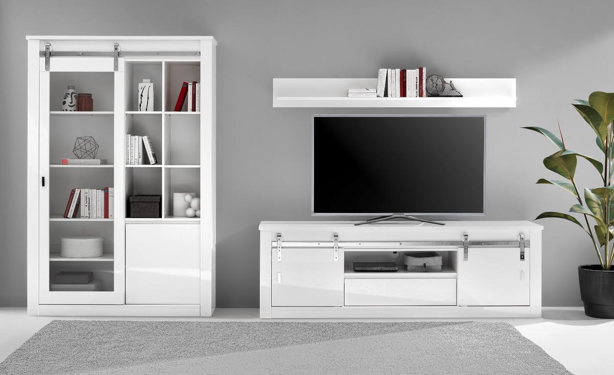 WOHNWAND weiß Hochglanz 349 cm 3-teilig, Wohnkombination mit Soft-Close - Chromfarben/Weiß Hochglanz, Glas/Holzwerkstoff (349/201/43cm) - Furn.Design