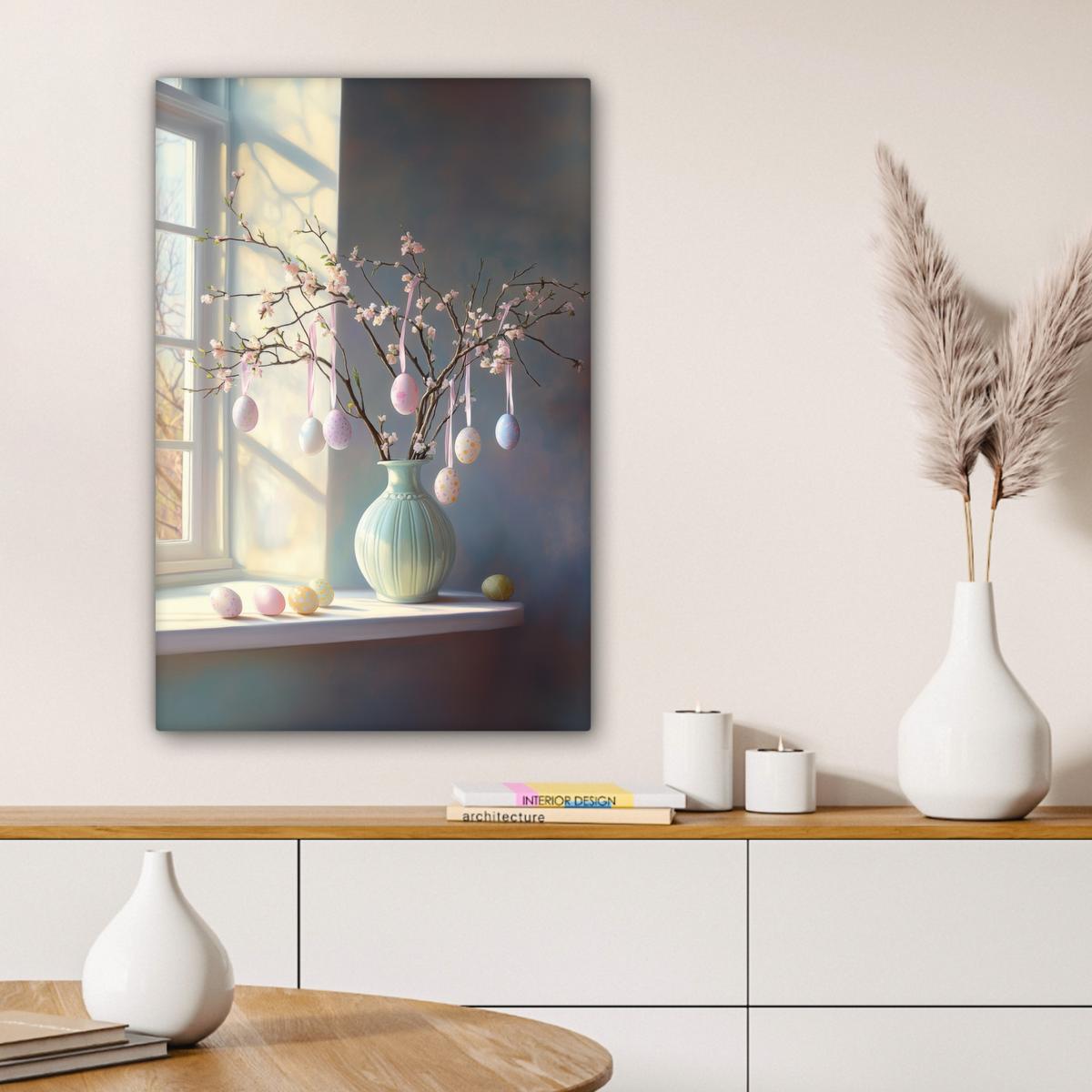 LEINWANDBILD Stillleben - Vase - Osterzweig Wanddeko 40x60 cm - Hellblau, Textil (40/60cm) - MuchoWow