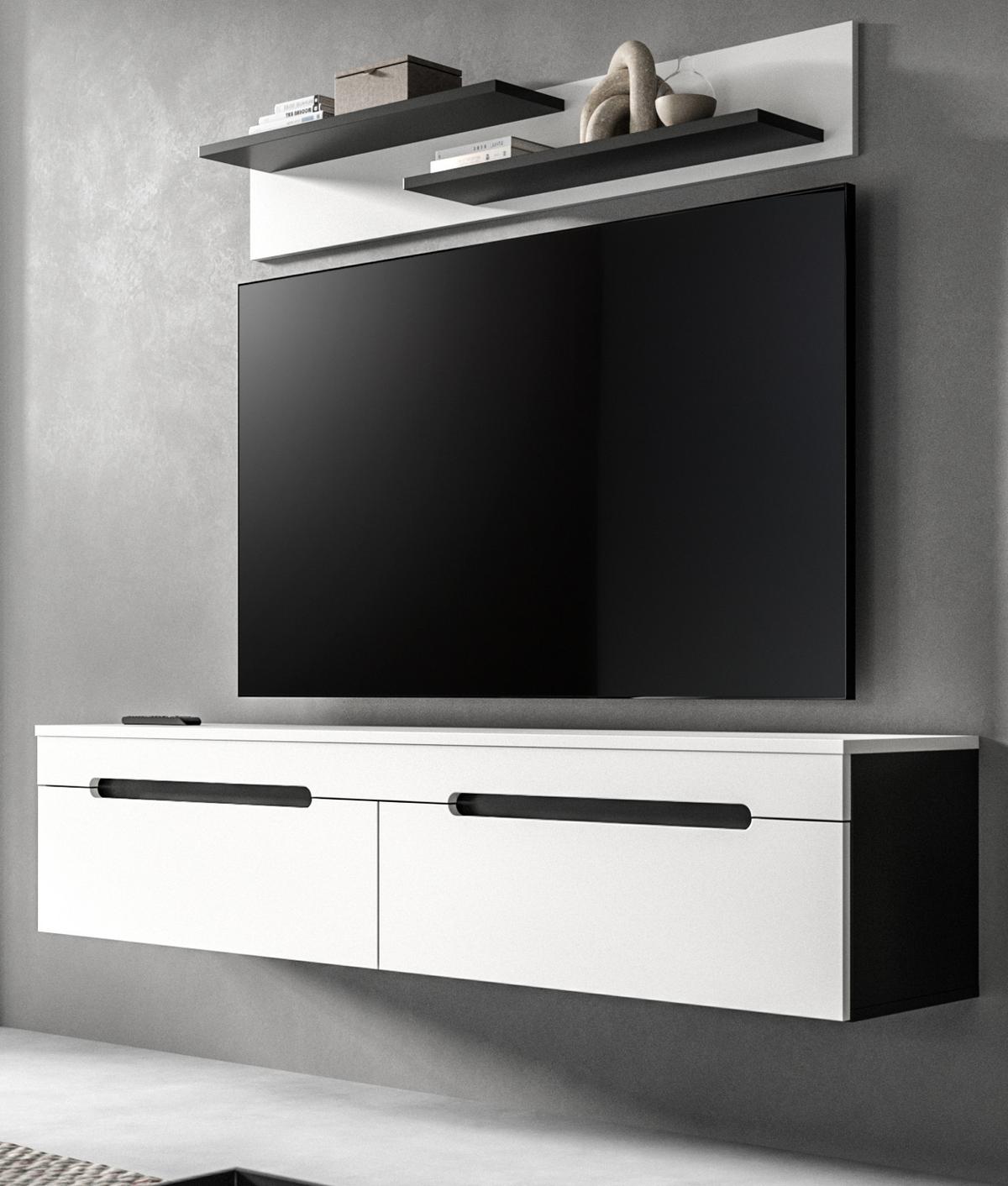 WOHNWAND weiß, grau mit TV-Lowboard hängend / stehend und Wandboard 170 cm, Cooper - Schwarz/Weiß, Holzwerkstoff/Kunststoff (170/180/33cm) - Inn.Furn