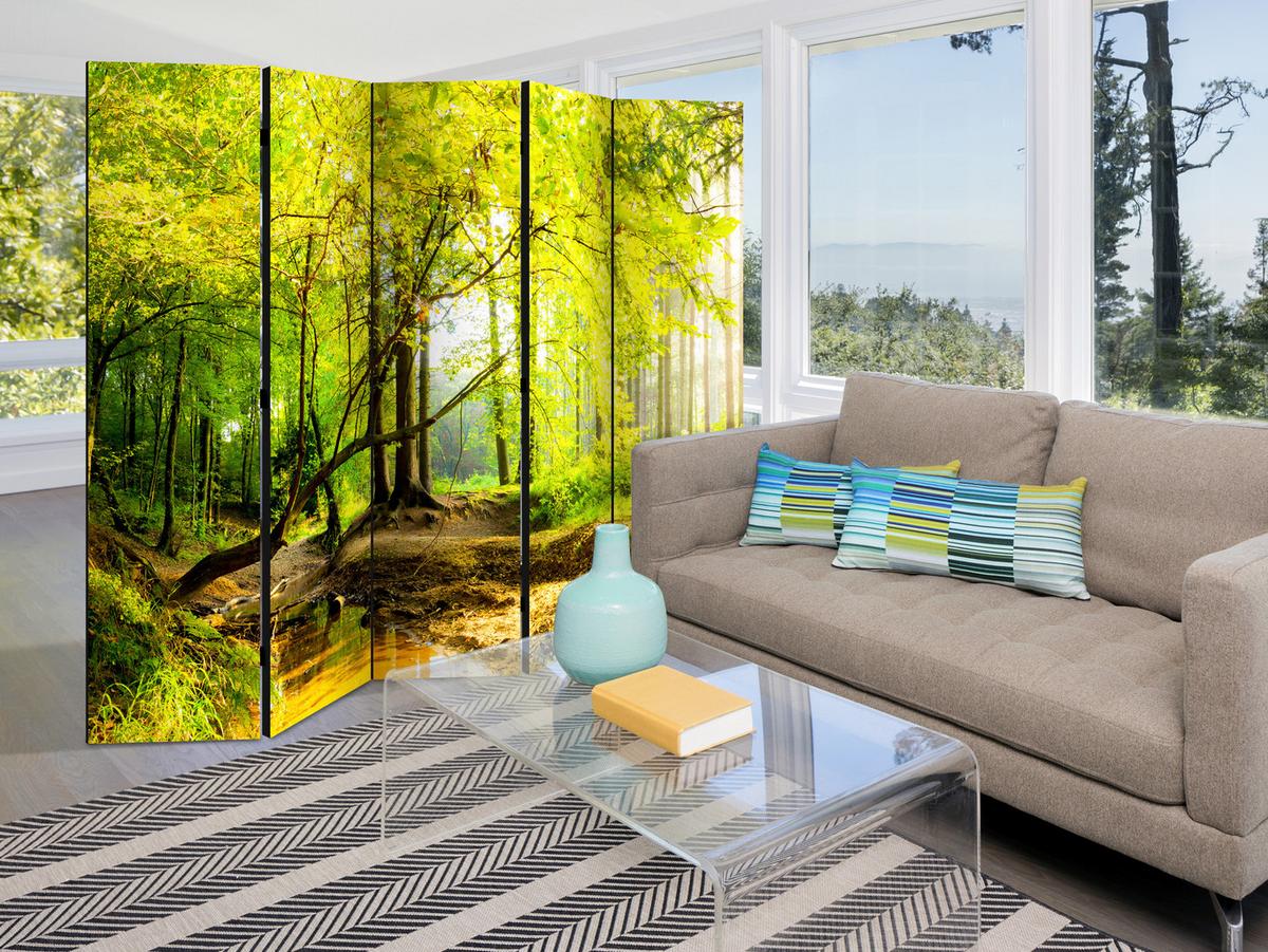 PARAVENT Akustik 5-tlg 225x172 cm Fluss Im Wald - Grau, Holz/Textil (225/172/3cm) - Muralo