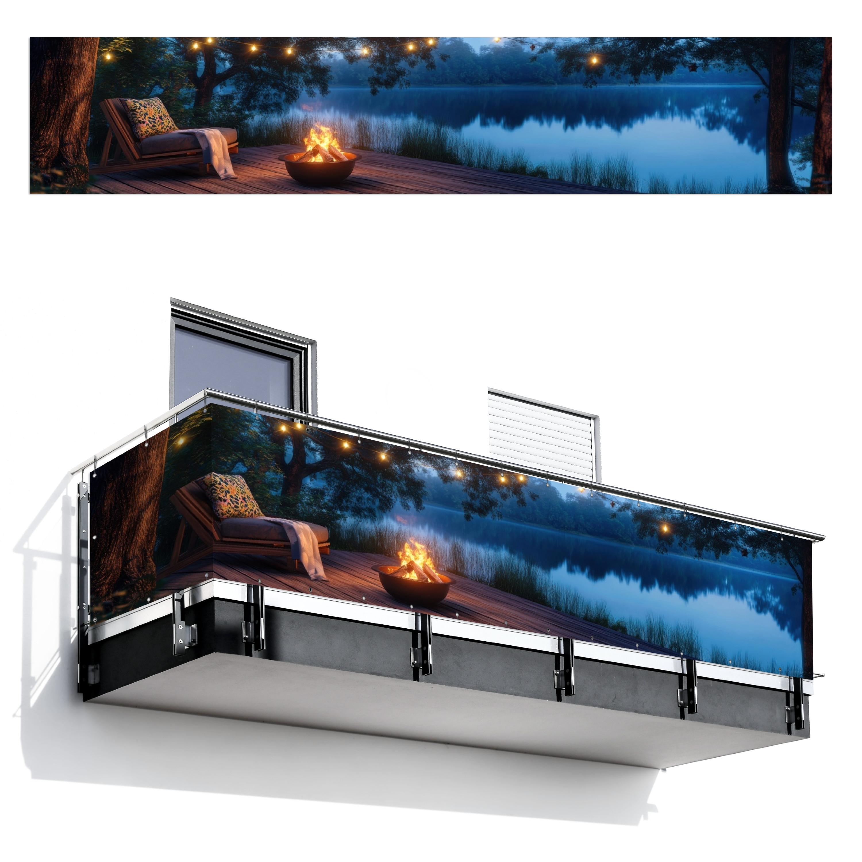 BALKON-SICHTSCHUTZ Lagerfeuer - See - Abendlicht Deko XXL 500x100 cm - Dunkelblau, Kunststoff (500/100cm) - MuchoWow