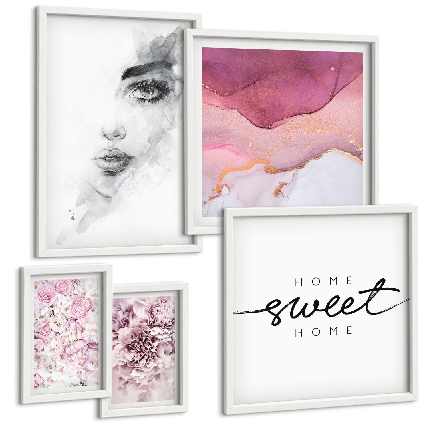 BILDER SET 5er Set - 50x50 cm & 20x30 cm & 40x60 cm Weißer Rahmen - Zarte Boho-Blätterschrift - Weiß, Kunststoff (40/60cm) - TULUP