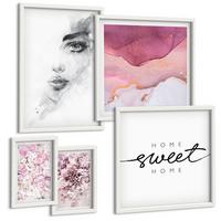 BILDER SET 5er Set - 50x50 cm & 20x30 cm & 40x60 cm Weißer Rahmen - Zarte Boho-Blätterschrift - Weiß, Kunststoff (40/60cm) - TULUP