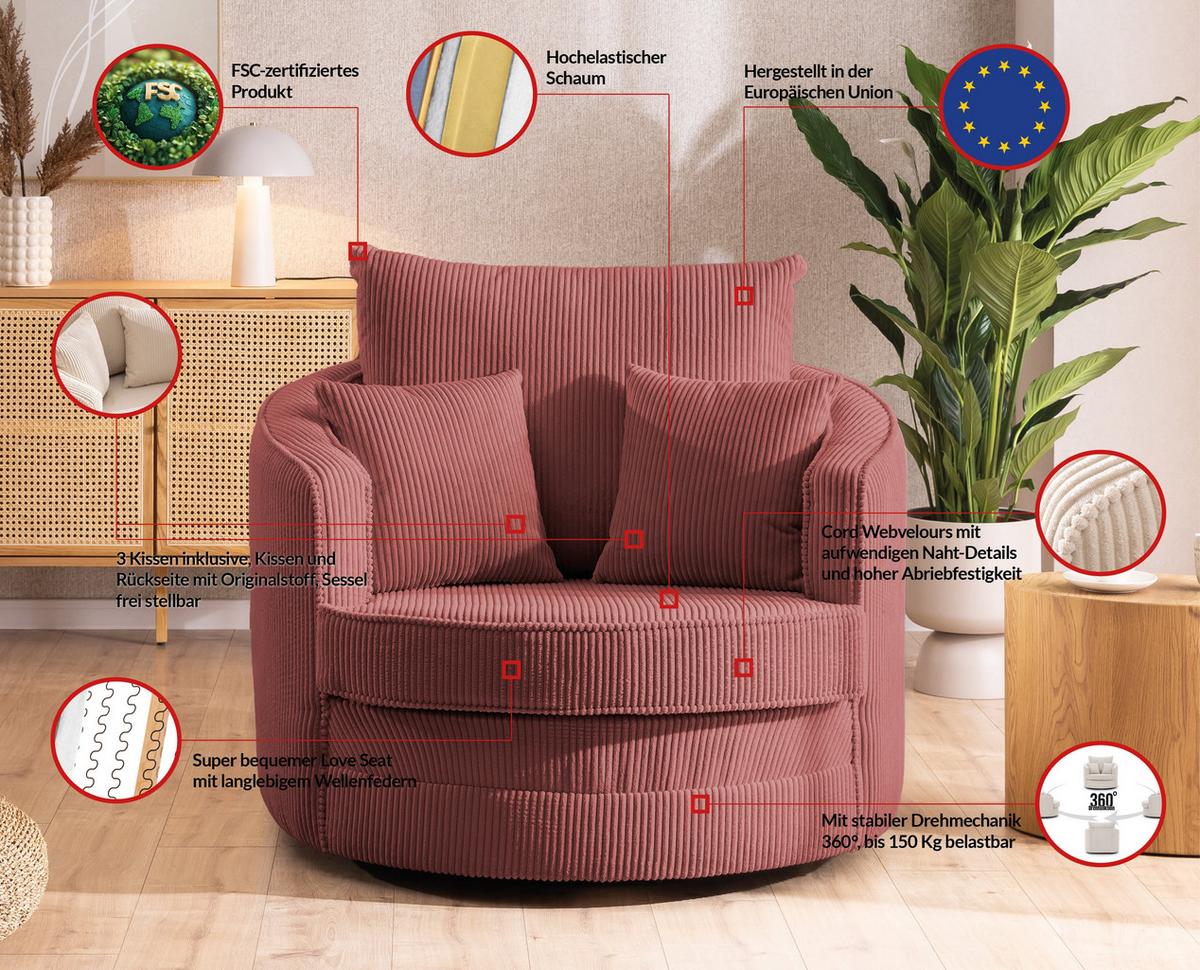 DREHSESSEL Ted aus Terrakotta Cord-Stoff - Terracotta/Schwarz, Holz/Textil (107/94/100cm) - S-Style Möbel
