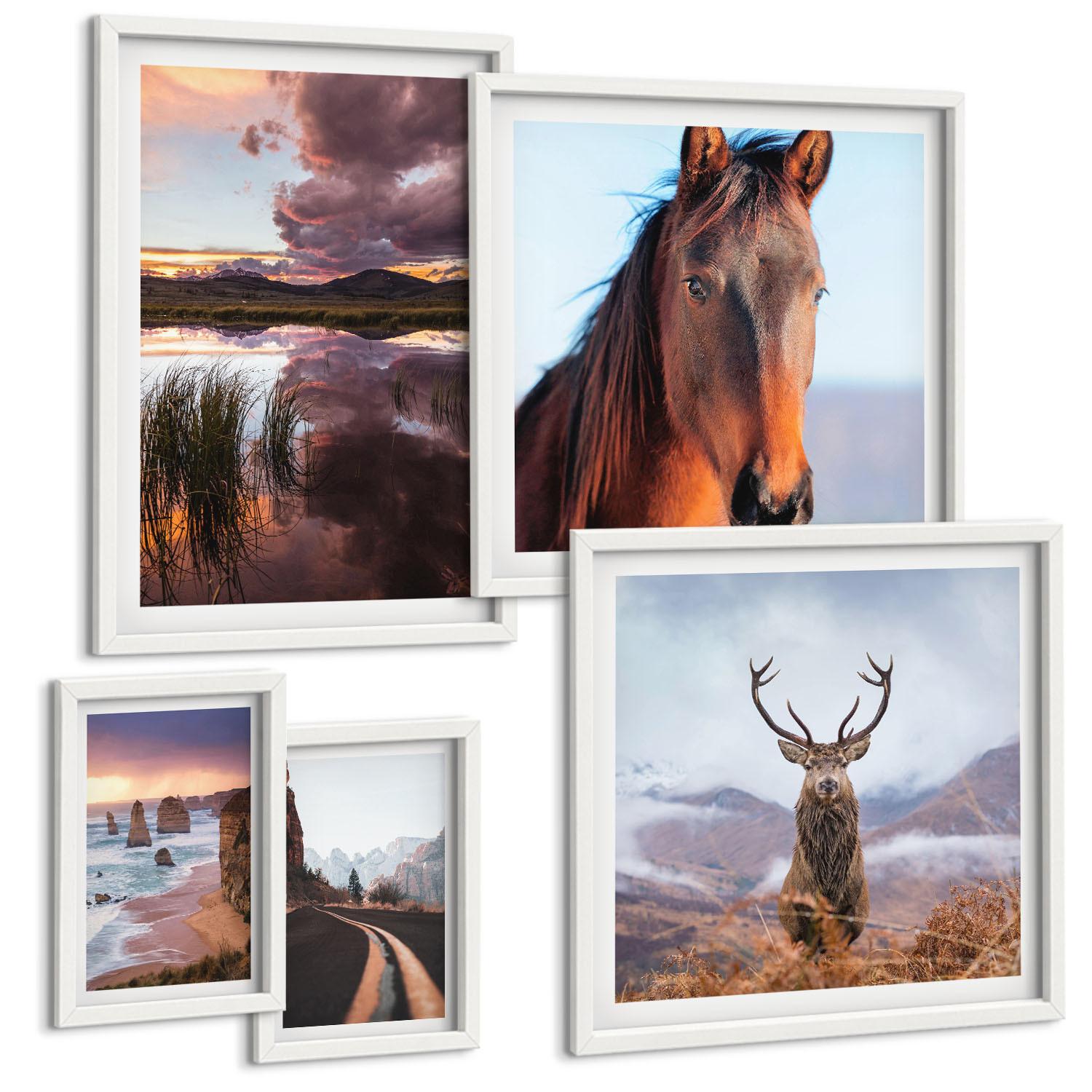 BILDER SET 5er Set - 50x50 cm & 20x30 cm & 40x60 cm Weißer Rahmen - Berglandschaften, Rentiere, Pferdestraße - Weiß, Kunststoff (40/60cm) - TULUP