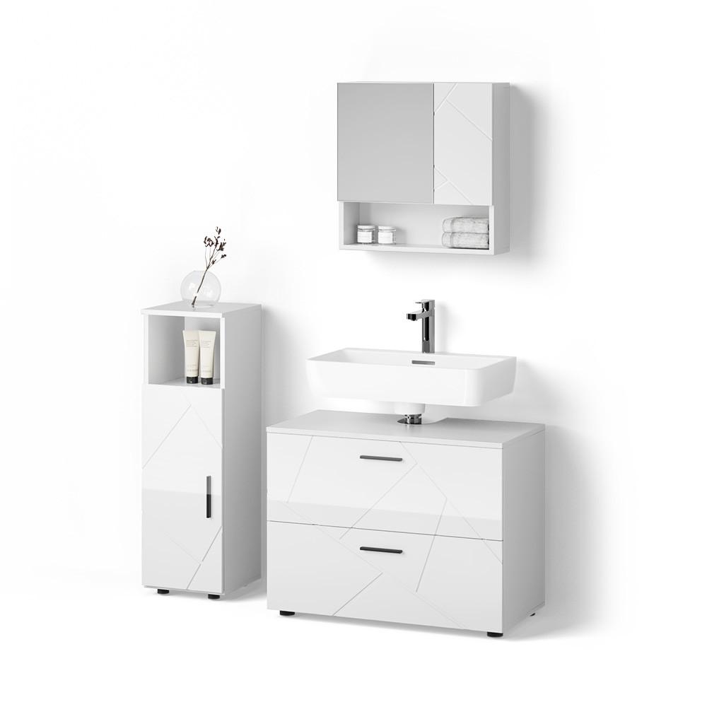 BADMÖBEL-SET Ronco Weiß Hochglanz 3 Teile, mit Midischrank - Weiß Hochglanz, Holzwerkstoff (54/55/41cm) - Livinity®