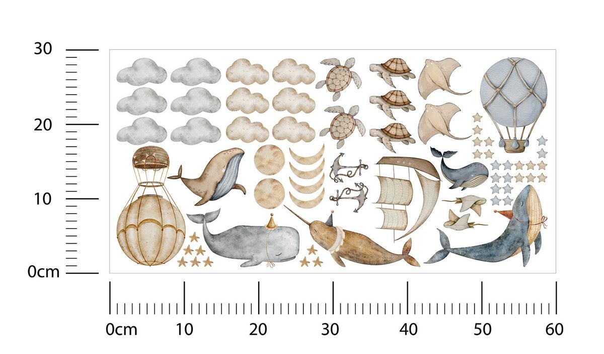 WANDSTICKER SET Wale Schildkröten Wolken Luftballons Sterne 60x30 - Beige/Braun, Papier (60/30/1cm) - Muralo